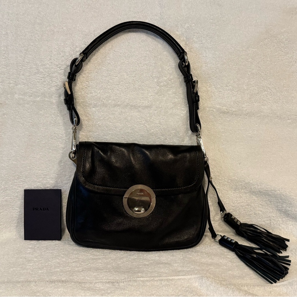Prada Black Leather Shoulder Bag with Tassel Detail